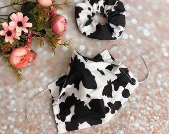 Double layered 100% premium cotton black and white cow print cow spot face mask and matching scrunchy