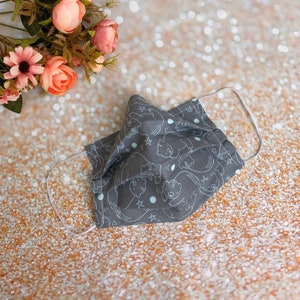 Double layered 100% premium cotton gray cartoon bears with dots face mask with filter pocket