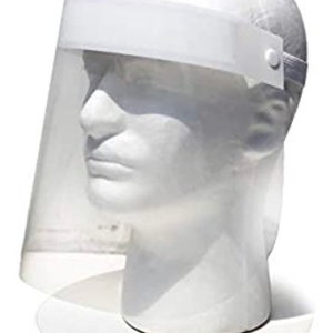 May include: A clear plastic face shield with a white headband. The shield is designed to protect the wearer's face from splashes and droplets.