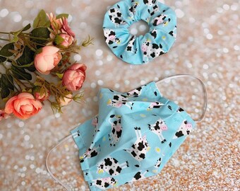 Double layered 100% premium cotton baby blue cow face mask and matching scrunchy