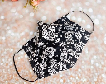 Double layered 100% premium cotton black and white pattern mask with filter pocket