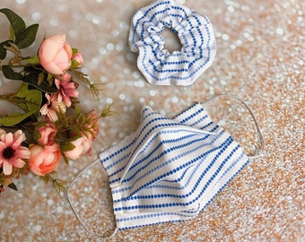 Double layered 100% premium cotton blue dots stripes face mask and matching scrunchy