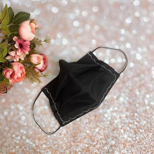 Black or white scalloped stitches embroidered premium cotton face mask