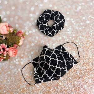Double layered 100% premium cotton black and white pattern face mask and matching scrunchy