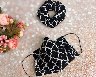 Double layered 100% premium cotton black and white pattern face mask and matching scrunchy