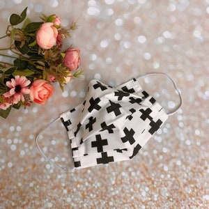 Double layered 100% premium cotton black and white cross pattern face mask w/ filter pocket nose bridge washable reusable