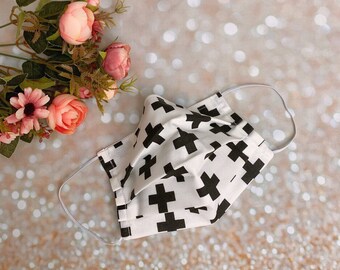 Double layered 100% premium cotton black and white cross pattern face mask w/ filter pocket nose bridge washable reusable