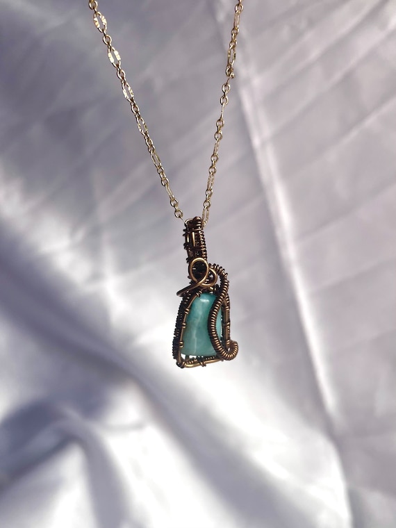 Larimar Pendant Necklace | Wire Wrapped Larimar Pendant, Wire Wrapped Necklace, Brass Necklace, Crystal Necklace, Wildside Co-Op