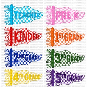 Pacchetto di bandierine per lo spirito scolastico in formato PNG, design per sublimazione per il ritorno a scuola, bandierine a scacchi stile college per insegnanti e allenatori dalla scuola materna alla sesta elementare, colori scolastici personalizzati