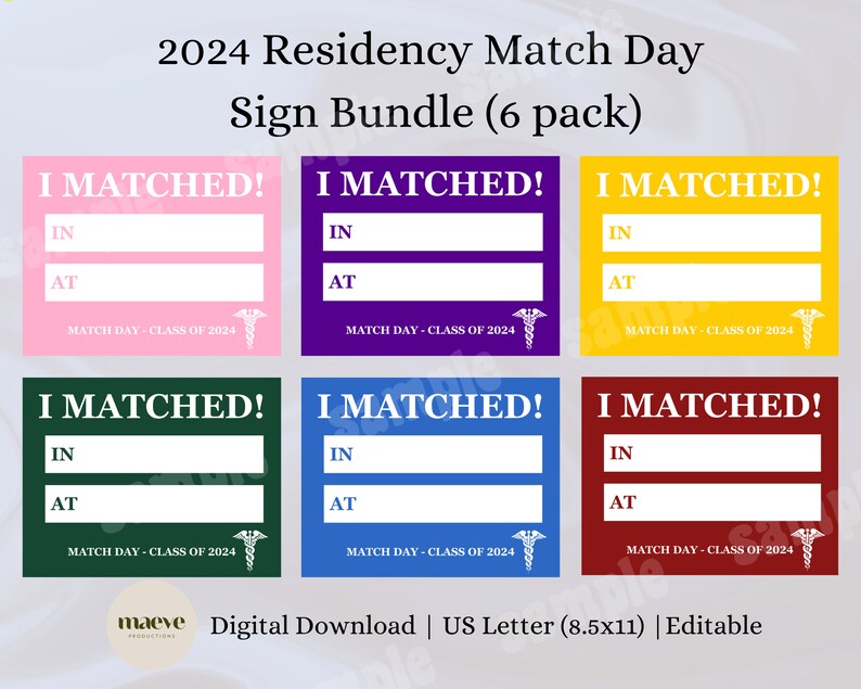 Bundle MATCH DAY SIGNS 2024 Matched Into Residency Match Day Printable