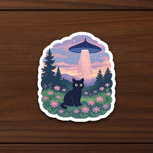 Sticker chat OVNI - Sticker vinyle mignon chat noir extraterrestre, Sticker extraterrestre, forêt de chats cosmiques Kawaii, Sticker espace galaxie, chat effrayant