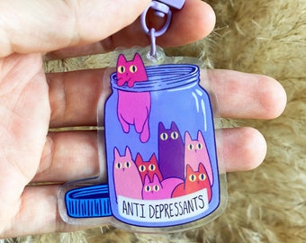 Double Sided Antidepressant Cat Keychain, Cat Acrylic Keychain, Kitty Keychain, Fun Cat Charm, Cute Clear Cat Keychain, Animal Keychain