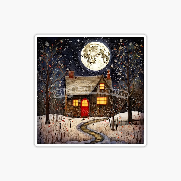 Cottage Winter sticker, Magical sticker, Moon sticker, Forest sticker, Dreamy sticker, Folk Art sticker, Woodland sticker, Laptop sticker