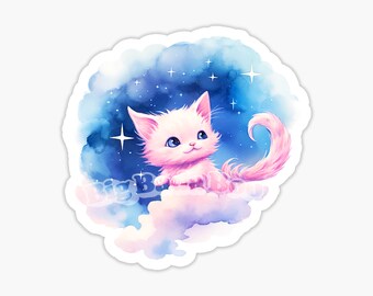 Enchanting Cat Vinyl Sticker, Cat Stickers, Laptop Stickers, Watercolor Cat Art, Magical Stickers, Water Bottle Sticker, Dreamy Sticker