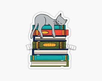 SLEEPY CAT Vinyl Sticker, Cute Sticker, Book Sticker, Cat Sticker, Laptop Sticker, Book Lover Sticker, Water Bottle Sticker, Book Lover Gift