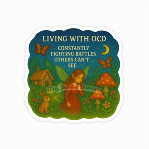 Leven met OCS-vinylsticker, OCS-bewustzijnssticker– bosillustratie met citaat van geestelijke gezondheid, kalmerende angstondersteunende vinylsticker