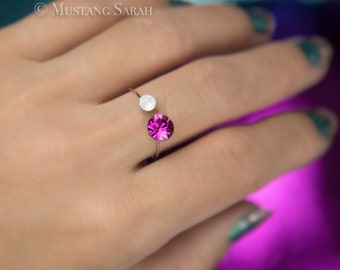 Anello di cristallo Swarovski, doppio anello chaton, anello ipoallergenico, misura regolabile, placcato rodio, multicolore, olografico