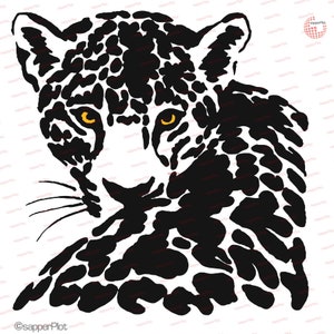 Puede incluir: Ilustración en blanco y negro de un jaguar con ojos amarillos. El jaguar está mirando directamente al espectador.
