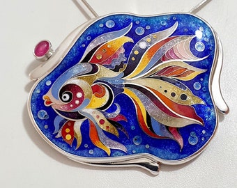 Decorative Fish. Pendant/Brooch. Cloisonne enamel. Sterling silver. Handmade Jewelry. Author's work.