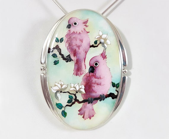 Major Mitchell's cockatoo. Pendant. Cloisonne enamel. Sterling silver.  Handmade Jewelry