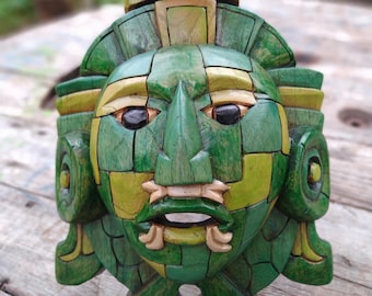 Masque en bois préhispanique, culture maya, art mural mexicain, sculpté à la main ASK FOR CUSTOMIZE