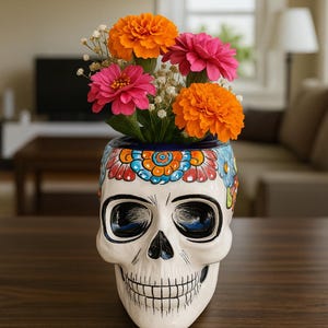 Könnte beinhalten: Eine weiße, keramikschädel-förmige Vase mit einem farbenfrohen Blumendesign am Rand. Die Vase enthält leuchtend orange und rosa Blumen mit weißen Akzenten. Die Vase steht auf einer dunklen Holzoberfläche.