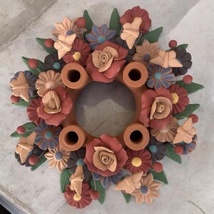 Corona De Adviento (4) Clay Handmade Candle Holder Advent Wreath with Colorful Flowers– Artisan Clay Centerpiece for Christmas Celebrations