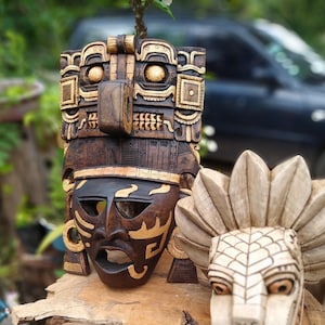 Máscara de madera prehispanica, cultura maya, art mural mexicano, tallado a mano PERSOONLIJKE CONSULTAR