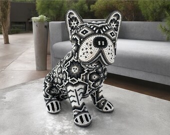 Dog Bulldog Statue Huichol Sculpture Of Mexican Folk Art, Pet Wixarika As A Mexican Decorative Figure, Made Of Resin And Beads