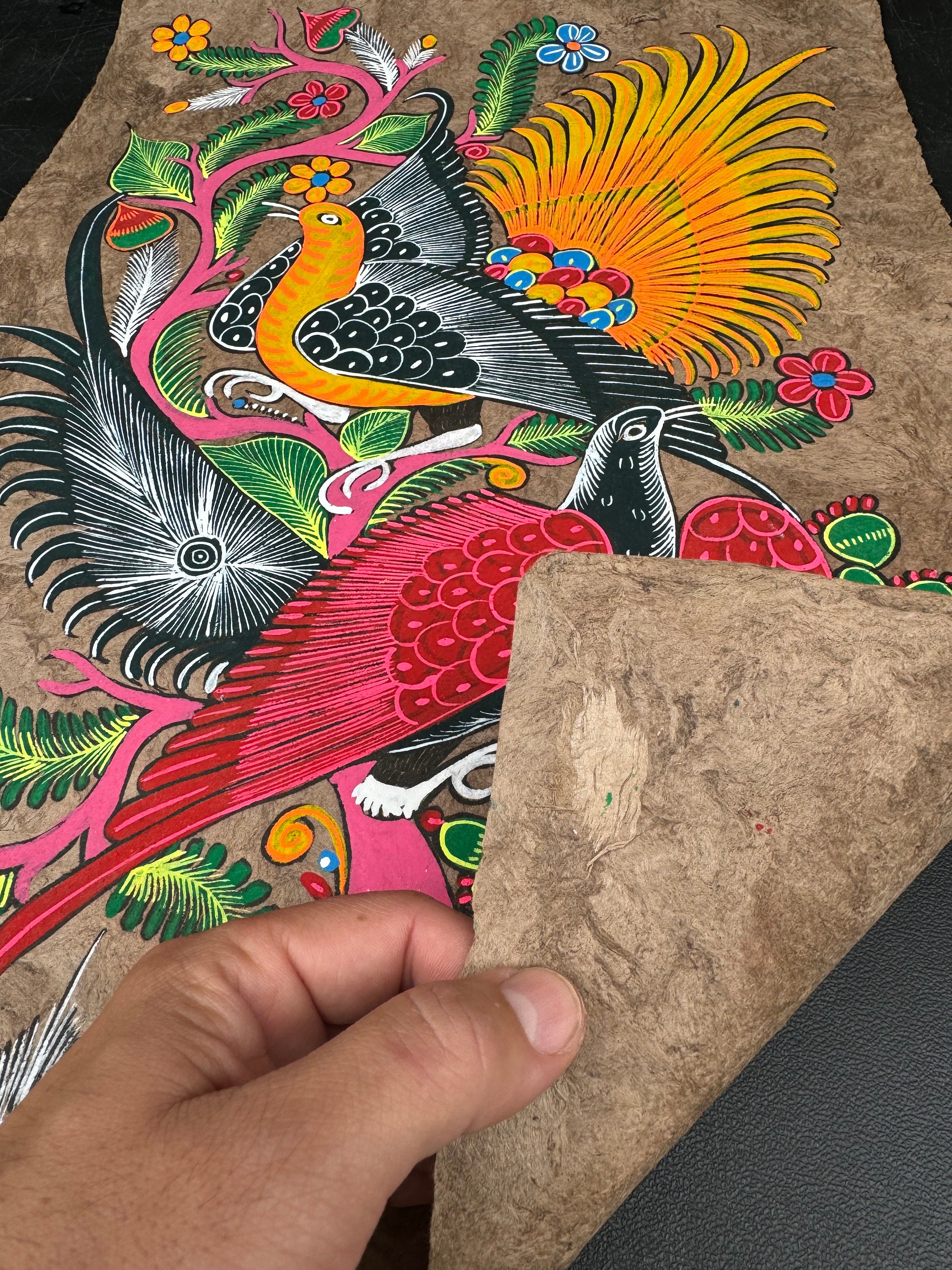 アマテ紙に描かれた鳥の絵、メキシコ美術のオリジナルのアマテ画 アマテ紙に描かれた鳥の絵、メキシコ美術のオリジナルのアマテ画