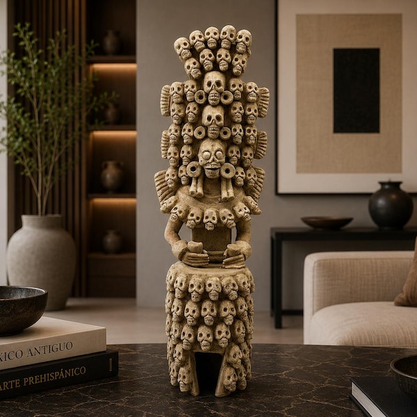 May include: A beige stone-colored sculpture featuring a central figure adorned with numerous small skull carvings. The figure stands atop a cylindrical base covered in skulls, with a tall, elaborate headdress also composed of stacked skull motifs.