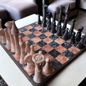 XL LARGE Chess set 16.53” x 16.53”, Marble Chess set in gray and pink, Stone Chess Set, Chess set handmade, Italian design