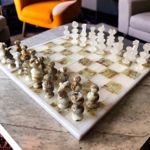 Juego de ajedrez GRANDE 13,77 "x 13,77", jue de ajedrez Onyx en verde y blanco, juego de ajedrez de piedra, jue de ajedrez hecho a mano