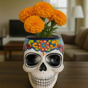 May include: A Day of the Dead skull-shaped ceramic vase with bright orange marigold flowers. The vase is white with a colorful floral design around the top. The flowers are a vibrant orange color.