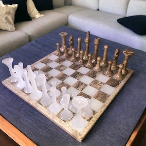 LARGE Chess set 13.77” x 13.77”, Marble Chess set in brown and white, Stone Chess Set, Chess set handmade, Italian design