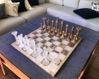 LARGE Chess set 13.77” x 13.77”, Marble Chess set in brown and white, Stone Chess Set, Chess set handmade, Italian design