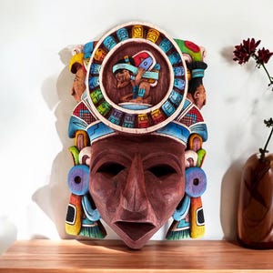 Prehispanic Wooden Mask, Mayan Culture, Made By Mayan Artisans Yucatán MEX Wall Art, Hand Carved And Painted Cedar Wood Folk Art WeCUSTOMIZE