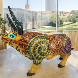 Large Bull Figurine Mexican Folk Art Alebrije Statue Wooden Authentic Oaxaca Artidsns Bull As Mexican Decoration Art Wood Carved By Hand