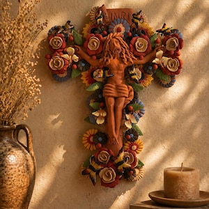 May include: A terracotta-colored crucifix sculpture with a figure of Jesus Christ, adorned with colorful flowers and butterflies. The cross has the inscription "INRI" at the top. The sculpture is mounted on a beige wall, with a candle and books in the foreground.
