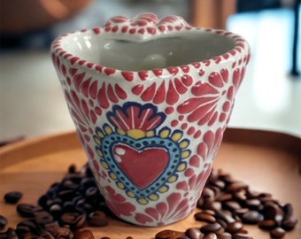 Taza de capuchino con forma de corazón, taza de café mexicana, cerámica de Talavera de Puebla, termo de cerámica, hecha a mano, sin plomo, personalizada.