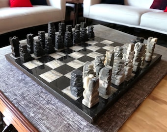 Set di scacchi GRANDE 13,77" x 13,77", set di scacchi in marmo nero e grigio, set di scacchi in pietra, set di scacchi fatto a mano, set di scacchi azteco