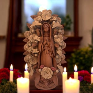 Virgin Mary Handmade Clay Piece, Virgen de Guadalupe  Mexican Decoration, Mary Virgin Sculpture, Metepec Estado de México Virgencita