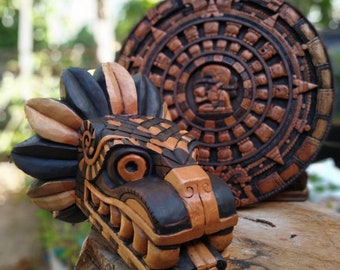 Masque en bois préhispanique Quetzalcóatl, culture maya, art mural mexicain, sculpté à la main