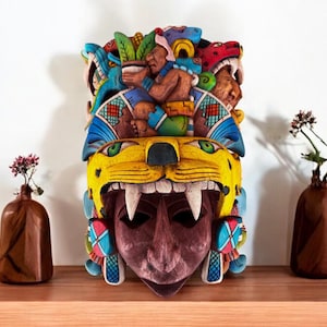 Prehispanic Wooden Mask, Mayan Culture, Made By Mayan Artisans Yucatán MEX Wall Art, Hand Carved And Painted Cedar Wood Folk Art WeCUSTOMIZE