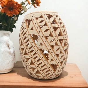 Oaxaca Vase White And Brown Clay Handcrafted Plant Pot, Pottery Luminary, White Clay Vase, Mexican Vase, Oaxaca Pottery For Home Decor