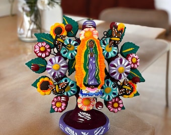 Virgen De Guadalupe - Mary Virgin Candle Holder, Tree of life, Candelabra, Arbol de la vida, Mexican Pottery, Mexican Candelabra 4.33” High