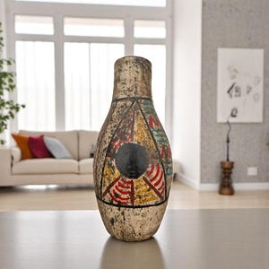 May include: A decorative, antique-style vase with a beige base and colorful geometric patterns. The vase features a black circle and red, yellow, and green accents. It is displayed on a gray table in a well-lit room.