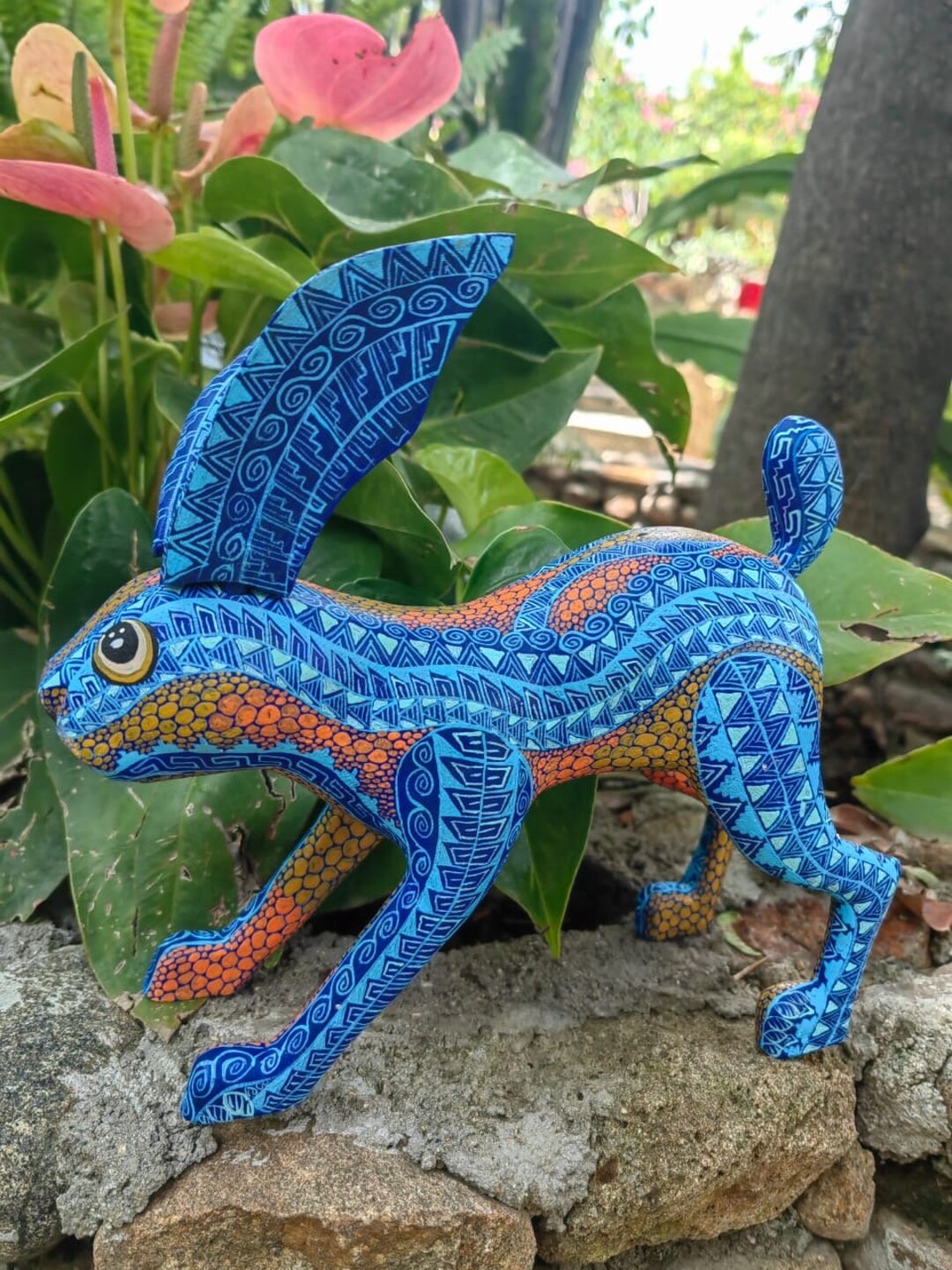 Hare Statue Mexican Folk Art Alebrije Sculpture, Wooden Hare Decoration