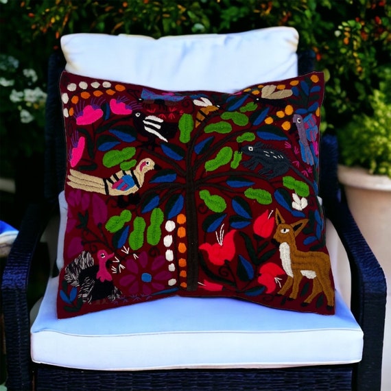 花と蝶のメキシコ伝統テナンゴ刺繍クッションカバー メキシコ テナンゴ