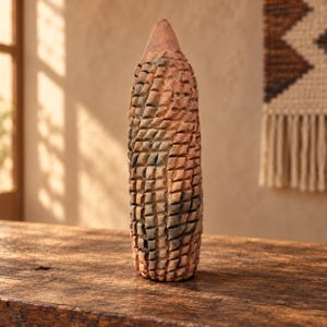 Könnte beinhalten: Eine hohe, zylindrische Terrakotta-Skulptur mit spitzer Oberseite, die ein sich wiederholendes Gitter aus geschnitzten, rechteckigen Vertiefungen auf ihrer Oberfläche aufweist. Der Ton zeigt eine abwechslungsreiche Farbpalette aus erdigem Orange, Beige und dunklem Anthrazit.